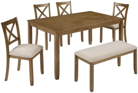Merax 6-Piece Wood Kitchen Dining Table Set, 58.5" Rectangular Table with 4 Upholstered Chairs & 1 Bench, Rubberwood Legs Modern Elegant Farmhouse for Kitchen Room, Oak - Image 4