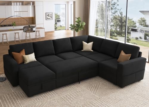 HONBAY Sectional Sleeper Couch with Pull Out Bed, U Shaped Sectional Sofa with Storage, Modular Velvet Sectional Couches for Living Room, Black by HONBAY