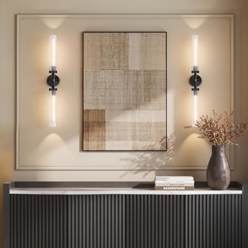 2Pc 30" Knurled Black 2 Light Wall Sconces, Long Modern Hardwired Bathroom Vanity Light, Frosted Glass Tube Linear Modern Wall Light Fixtures, for Mirror, Bedroom, Living Room, Hallway - Image 4