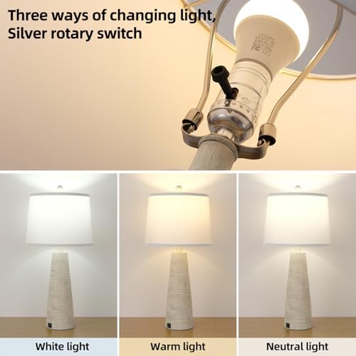 Terpsichore Nightstand Lamp Bedside Lamps Set of 2 Vintage Rustic Farmhouse Table Lamp 3 Way Dimmable Horizontal Stripe Light,for Living Room Bedroom,USB A+C (Pale Yellow, Hing 27 in) - Image 5