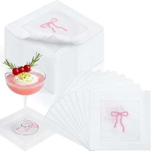 LemonRoad Embroidered White Linen Cocktail Napkin 6x6 inch Pink Bow Napkin Gift for Women Set of 6 Cloth Cocktail Washable Linen Hemstitch for Wedding,Birthday Bachelorette Pink Bow Themed Party - Image 6