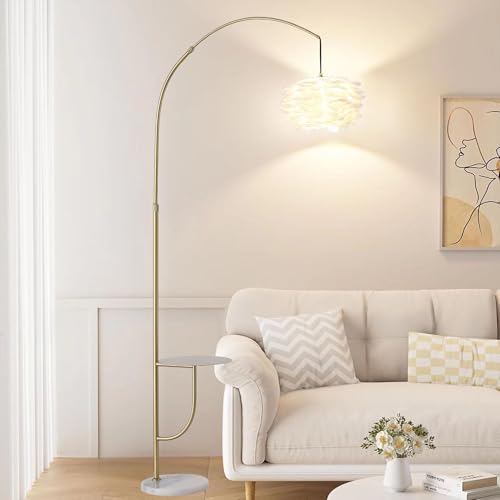 Arc Floor Lamp with Side Table, White Feather 3 Color Temperature Standing Light, Modern Minimalist Reading Lamp for Living Room Bedroom Sofa Bedside - Image 7