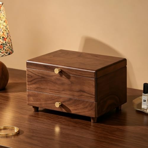 Black Walnut Wooden Jewelry Box with Feet, 3 Layer Organizer for Women by Vwixkuxx