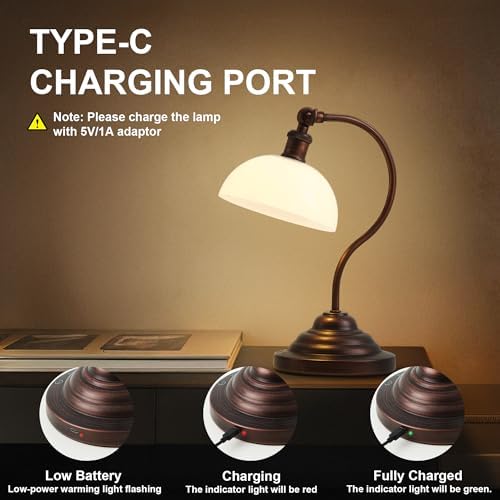Cordless Table Lamp, Battery Operated Vintage Desk Light, Bronze & White - Image 6