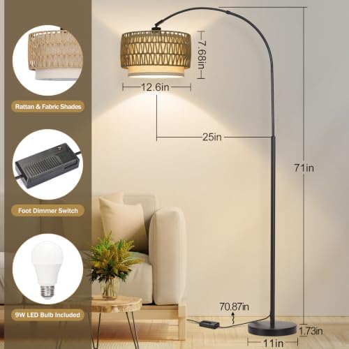 Rattan Floor Lamp, Dimmable Arc Floor Lamps with Adjustable Head - Image 2