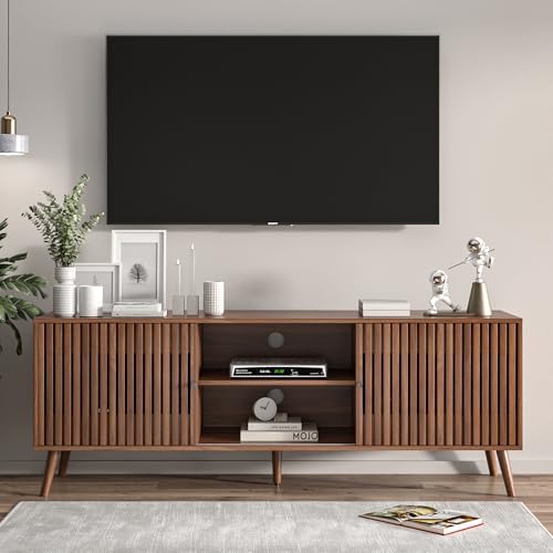 Oubayajia Mid Century Modern TV Stand for Televisions up to 70 Inches, with Sliding Doors and Storage, Television Stands, TV Consoles, Media Consoles for Living Room, 63 Inch (Walnut) - Image 5