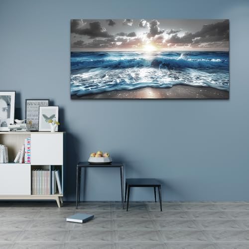 hyidecorart Large Wall Art For Living Room Modern Wall Decor For Office Blue Beach Painting Sea Waves Sunshine Wall Pictures Bedroom Home Decoration Prints Posters Mural Artwork Ready To Hang 60x30 - Image 6