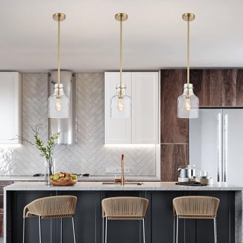 WILON Pendant Light Fixtures,Glass Pendant Lighting for Modern Kitchen Island Adjustable Hanging Ceiling Light 7" Hammered Glass Shade Pendant Lights for Dining Room Kitchen Sink, Gold Metal Finish - Image 3
