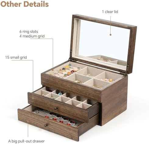 Meangood Jewelry Box Organizer for Women, 3 Layer Large Jewelry Storage Case, Rustic Wooden Jewelry Box with Mirror & Ring Tray for Necklace Earring Bracelets Rings, Vintage Style (Walnut) - Image 3