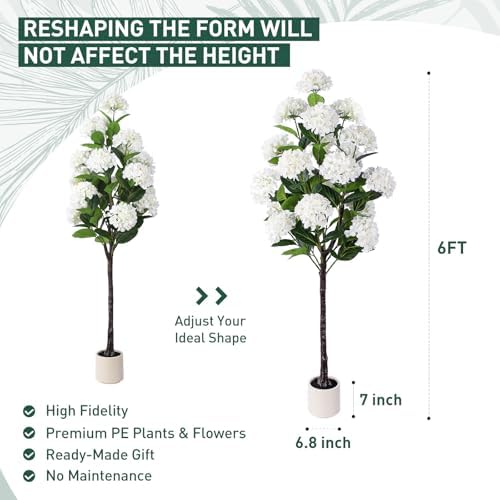 YEPDIN Set of 2 Artificial Hydrangea Tree 6ft- Large Faux Hydrangea Plants Indoor Outdoor，Fake Flower Trees with White Tall Planter for Home Garden,Front Decor - Image 2