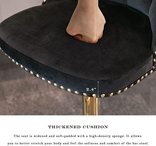 SoarFlash Velvet Bar Stool Set of 2, Adjustable Swivel Bar Stools with Gold Plated Metal Leg, Button Tufted, Footrest, Chrome Nailhead, Counter Height Chair for Kitchen, Bar, Dining Room (Black) - Image 5