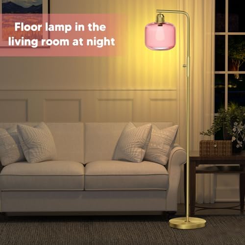 66" Dimmable Gold Standing Lamp with Pink Ribbed Glass for Living Room - Image 6