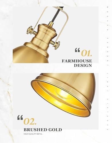 2-Pack Brushed Gold Pendant Lights for Kitchen Island, Metal Shade - Image 3