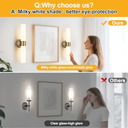Wall Sconces Set of Two, Modern Bathroom Sconces Wall Lighting with & Milky White Glass, Brass Sconces Wall Decor Set of 2 for Bathroom Mirror Bedroom Living Room Hallway - Image 7