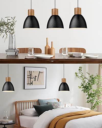 ELYONA Industrial Hammered Pendant Light 7” Small Solid Wood Hanging Lamp with Hammered Metal Shade, Farmhouse Pendant Light Fixtures for Kitchen Island, Dining Room, Bedroom, Office, Modern Black - Image 5