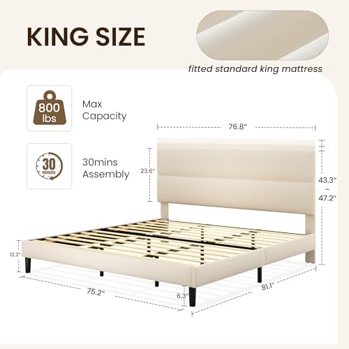 GRUSIGN King Size Platform Bed Frame with Velvet Headboard, Adjustable Height Wooden Slats Support, Upholstered Mattress Foundation, Fits Mattress or Mattress with Box Spring, Easy Assembly, Beige - Image 2