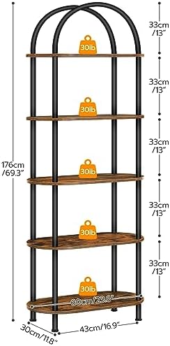 HOOBRO 5 Tier Open Bookshelf, Industrial Arched Bookcase Display Shelf Rack, Wooden Bookcase Storage Shelf Metal Frame, Tall Storage Organizer for Home, Easy Assembly, Rustic Brown BF176SJ01 - Image 3