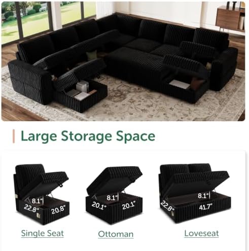 HONBAY Modular Sectional Sleeper Sofa with Pull Out Bed Oversized Corduroy L Shaped Sofa Bed with Storage Couches for Living Room,Black - Image 3