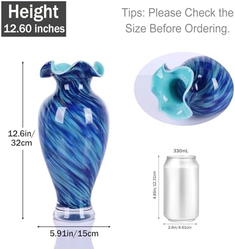 12" Tall Hand Blown Glass Vase – Pretty Ruffle Wide Mouth Decorative Flower Vase, for Modern Home Decor, Ideal Centerpiece for Living Rooms, Wedding & Home Decor - Image 3