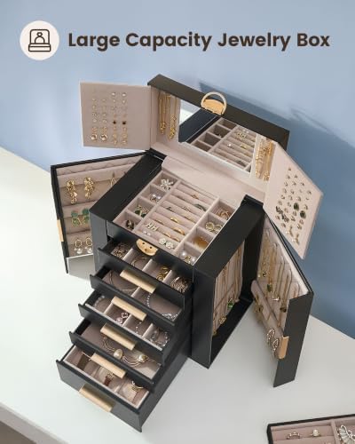 Lolalet Large Jewelry Box, 6-Layer Jewelry Organizer with 5 Drawers -Black - Image 2