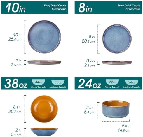 ONION Ceramic Plates and Bowls Sets for 6, 24 Pieces Stoneware Dinnerware Sets for Kitchen, Reactive Glaze Dish Set, Dishwasher and Microwave Safe, Blue - Image 3