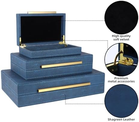 Decorative Storage Boxes with Lids, Decorative Boxes for Home Decor, Faux Shagreen Decorative Box for Stacking Jewelry, Photo, Memory, Storage Boxes, Set of 3 (Blue) - Image 3