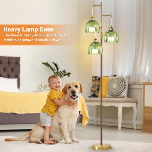 Wood Floor Lamps for Living Room Bedroom-3 Light Gold Floor Lamp with Glass Lampshape, Flower Tall Lamp Glass Mid Century Standing Lamp Vintage Tree Floor Lamp for Bedroom Corner - Image 4