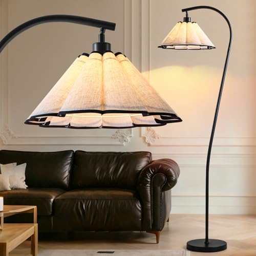 Floor Lamp with Pleated Linen Lampshade, Modern Flower Floor Lamp for Living Room Arc Standing Lamp, Gold Tall Lamp for Bedroom Office Dining Room, Bulb Included (Black + Black, 66.1IN) by Unknown