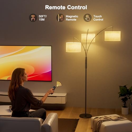 SIBRILLE 36W RGB Arc Floor Lamp with 3 Fabric Shades, 3000LM Super Bright Standing Lamp with Remote Control & Touch, Stepless Dimming, Individual Light Control for Living Room, Bedroom - Image 3