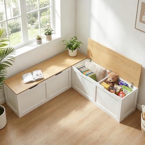 Grepatio 63" L Shaped Storage Bench, Breakfast Nook Bench with Hidden Storage, Wooden Corner Dining Benches Seating, Breakfast Nook Table Set for Entryway, Dining Room, Kitchen (Oak and White) by Takesyoutohaveawonderfullife