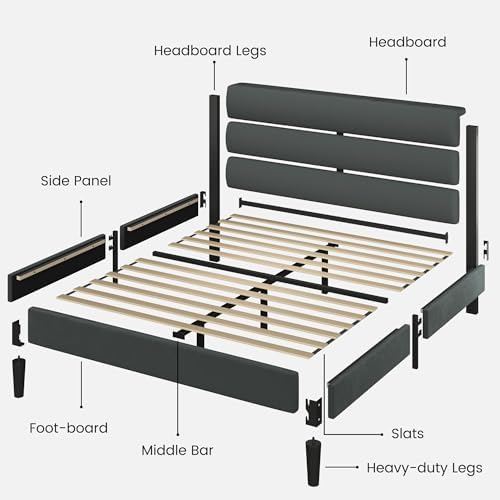 Fluest Queen Size Bed Frame, Platform Bed Frame with Velvet Upholstered Headboard, No Box Spring Needed, Sturdy Metal Support, Noise Free, Easy Assembly, Grey - Image 6