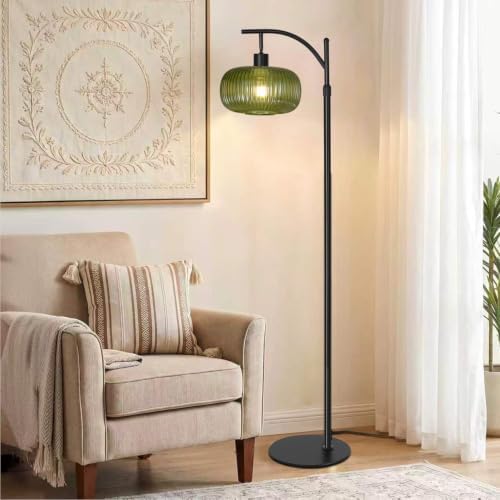 Dark Green Glass Floor Lamp for Living Room, Modern Standing Lamp for Bedroom, Dimmable Tall Lamp with Shade, Remote,12W LED Bulb Included - Image 4