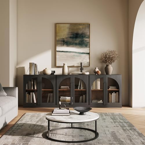 BELLEZE Bijou Set of 3 Modular Sideboard Cabinets (94.5" Extra Long) - 6-Door Media Console - Modern Arched Glass Buffet Credenza for Large Kitchen & Living Area- Ebony - Image 5