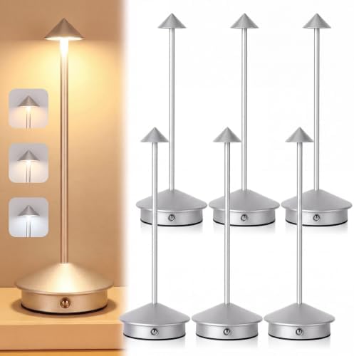 6 Pack Cordless Table Lamp, 3 Color Stepless Dimmable, Silver by Unknown