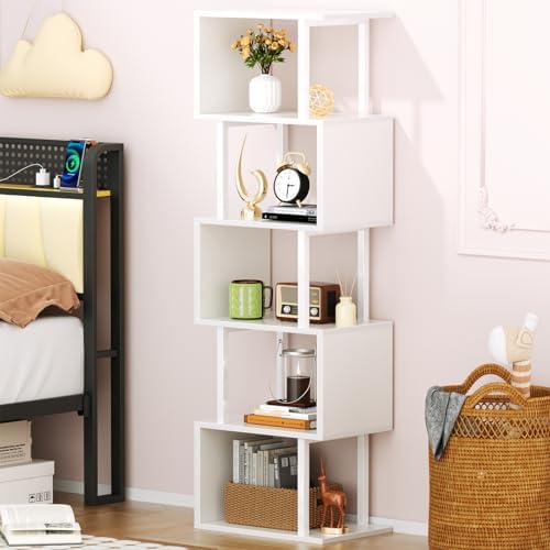 Furologee 6 Tier Bookshelf, S Shaped Geometric Bookcase, White - Image 2