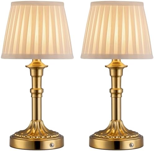 KDG Gold Cordless Table Lamps Set of 2, Beige Fabric Shade Small Desk Lamp by KDG