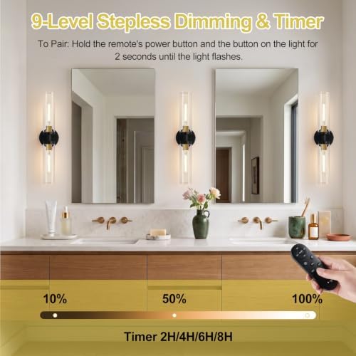 Battery Operated Wall Sconces Set of Two, Black and Gold Wall Light fixtures with Wireless Remote Control，Rechargeable Dimmable Wall Sconces with 3000K Bulbs for Bathroom Mirror Living Room Bedroom - Image 4