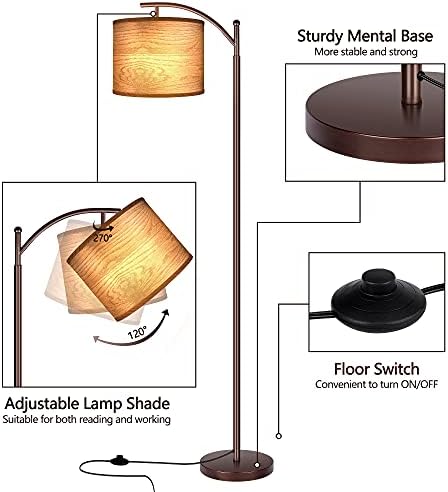 Floor Lamp for Living Room, LED Standing Lamp Tall Industrial Floor Lamp Reading for Bedroom, Office (9W LED Bulb, Wood Grain Lampshade Included) - Oil-Rubbed Bronze - Image 3