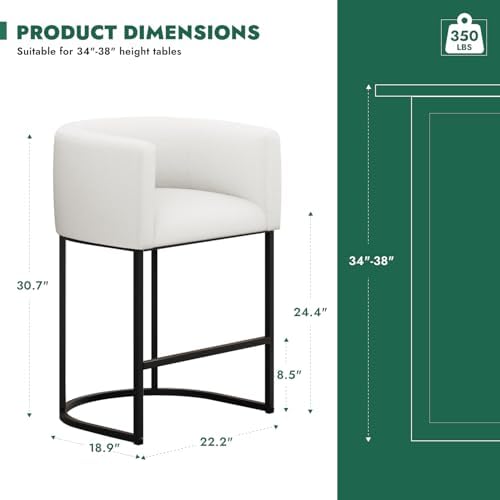 Counter Height Bar Stools, 24 Inch Seat Height Barstools for Dining Room, Fabric Upholstered Bar Chair for Kitchen Island, Linen Counter Stools with Metal Legs, White - Image 3