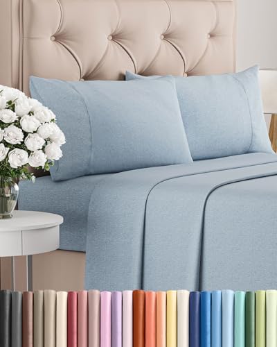 Queen Size 4 Piece Sheet Set - Breathable & Cooling Sheets - Heathered Blue by CGKUnlimited