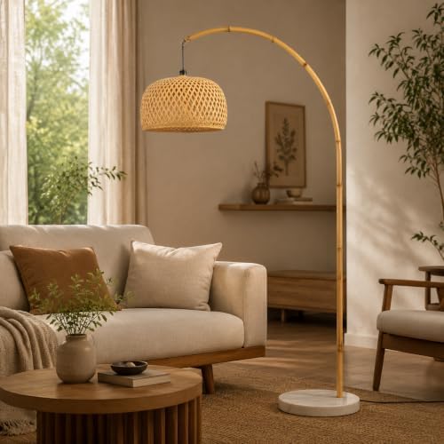 Boho Bamboo Arc Floor lamp, Tall Standing Lamp for Living Room - Image 6