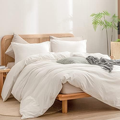 BESTOUCH Cotton Solid Duvet Cover Set Linen Feel Off White Full - Image 4