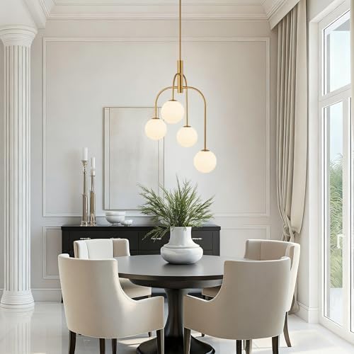 LamQee 4 Lights Mid Century Modern Chandelier, Milk Glass Globe Chandelier Light Fixture with Gold Metal & White Ball, Large Pendant Lighting Ceiling Hanging for Dining Room Kitchen Island Entryway - Image 2