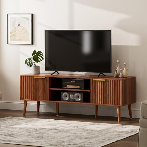 LCRBOL TV Stand with Fluted Doors for TVs up to 65", Mid-Century, Walnut - Image 6