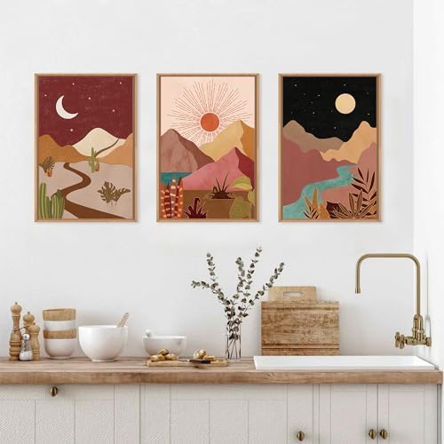LHIUEM Large Boho Southwest Mountain Framed Canvas Wall Art,Abstract Desert Colorful Wall Decor,Nature Moon and Sun Wall Painting,Bohemian Artwork for Living Room,Bedroom,Dining Room,Office -16"x24"x3 - Image 3