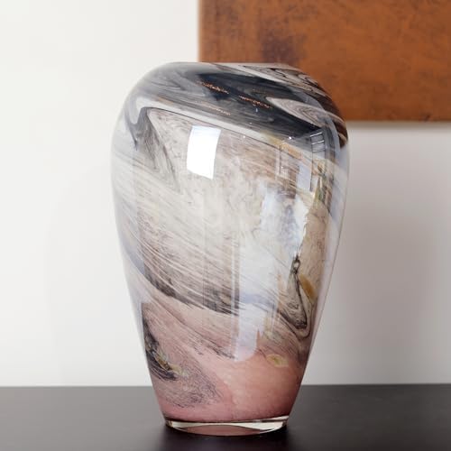 11" H Teal Glass Vases for Flowers, Unique Hand Blown Glass Vase Blue Home Decor, Wide Mouth Colorful Flower Vase Centerpieces, for Living Room Table Bookshelf, Bathroom Office Shelf Decorative by YACSNBF