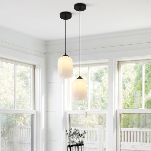 KCO 2 Pack Mini Matte Black 5.5” Ribbed Cylinder Milk Glass Pendant Lights - Image 4