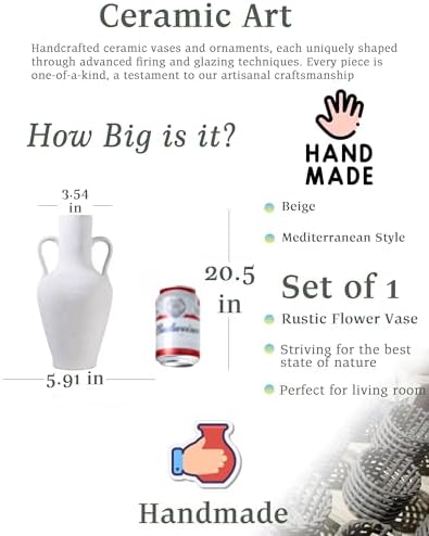 20.5in Tall Ceramic Floor Vase with Vintage Handles, White - Image 2
