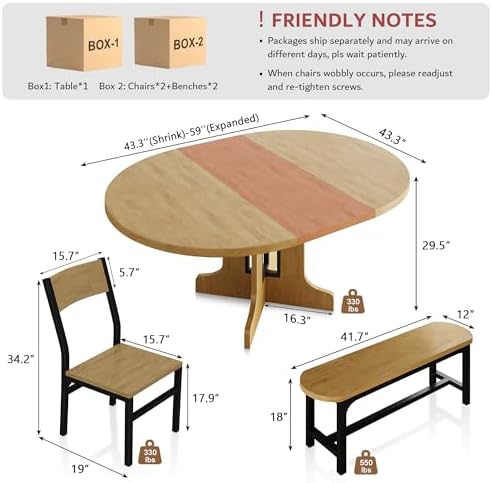 iPormis 5-Piece Round Dining Table Set for 4-6, 59" Extendable Dining Room Table Set with 2 Ergonomic Chairs & 2 Benches, Oval Modern Dinette Table with MDF Board and Metal Frame, Space-Saving, Oak - Image 2