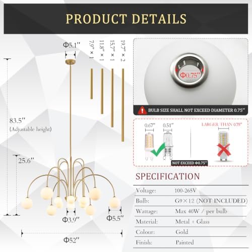 CATINER Modern 52" 12-Light Gold Sputnik Chandelier with Milk Glass Globe - Image 2